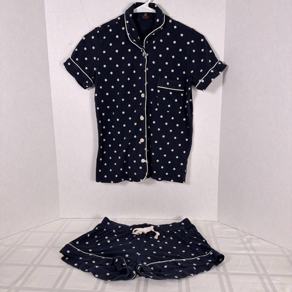 J Crew women's pajamas set. Shirt and Shorts. Navy with polka dots. Size XXS